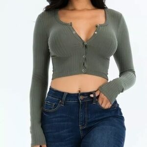 Snap Button Crop Ribbed Long Sleeve Cardigan  Top